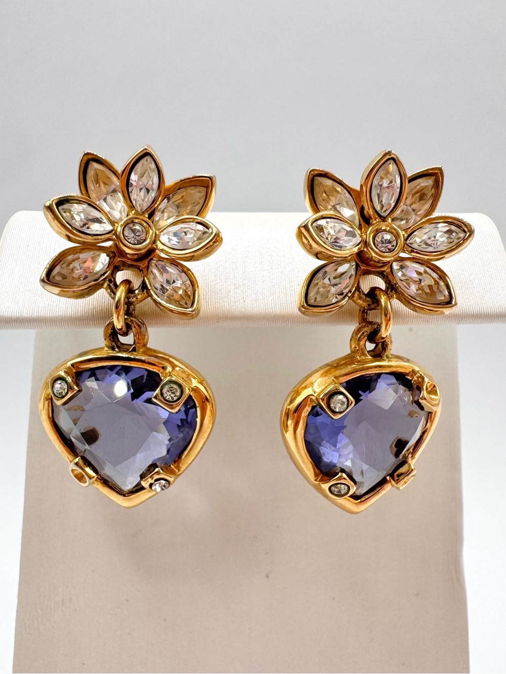 Vintage Swarovski Earrings Purple Trillion Crystal Floral MISSING SMALL CRYSTALS